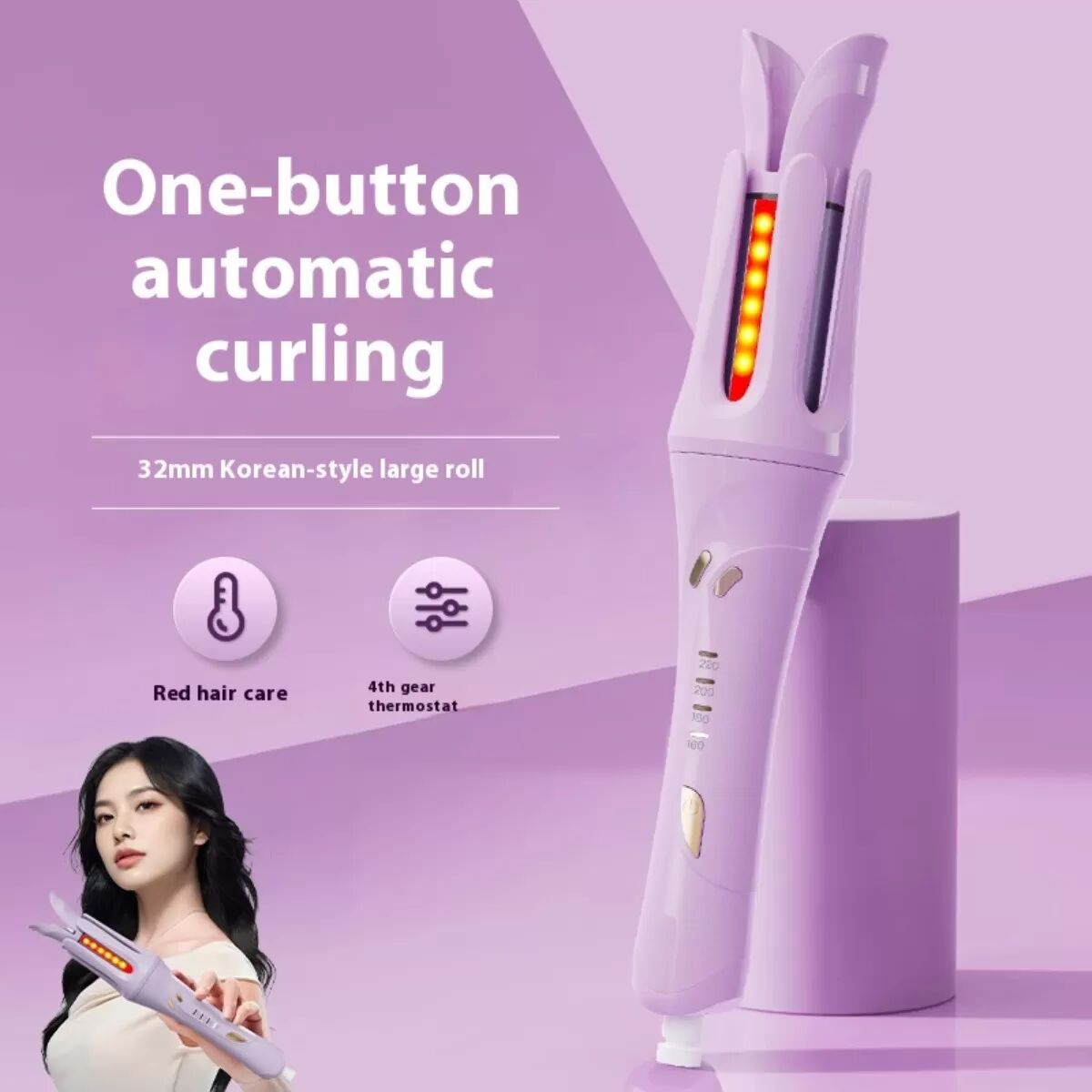 INF Fer à onduler électrique grandes vagues - Barillet rotatif automatique 32mm, 4 réglages de chaleur, chauffe 30s, Taro Purple Violet