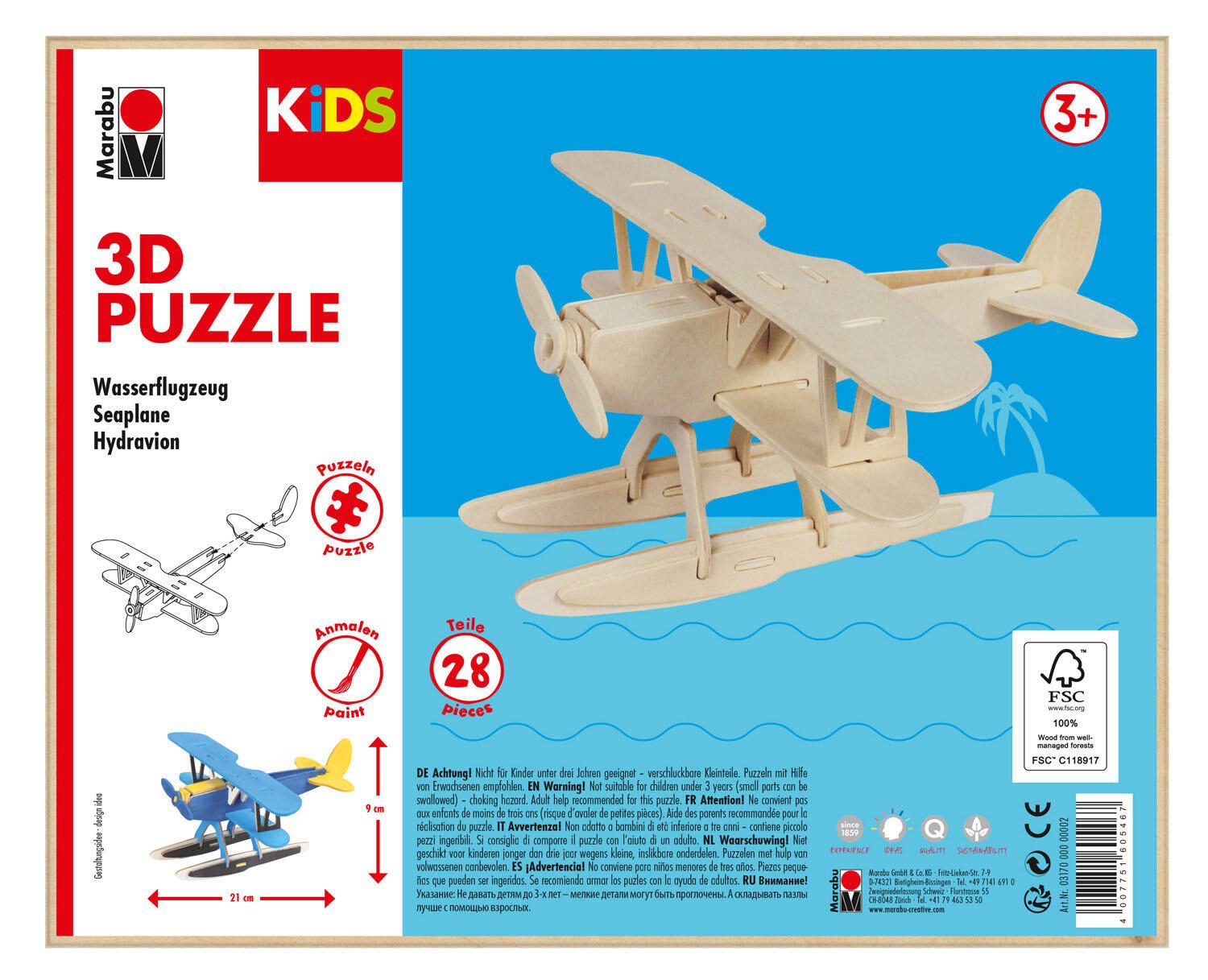 Marabu KiDS Wasserflugzeug 3D-Puzzle, 28 (bemalbar) Teile 0317000000002