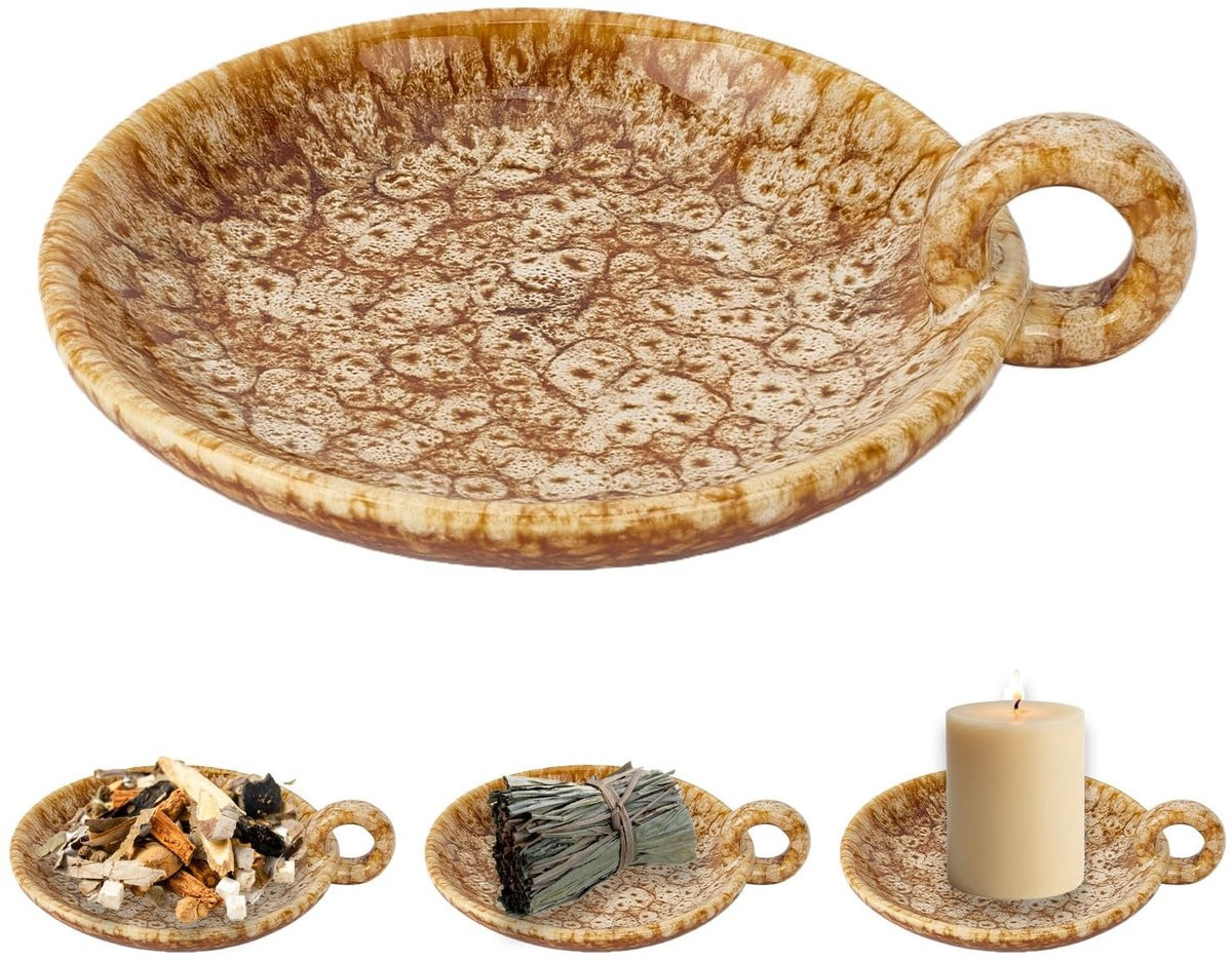 Inovra Vintage Keramische Kandelaar en Wierookstokjeshouder - Geel - Hoogte: 12 cm
