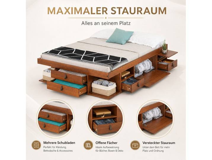 Memomad Stauraumbett MEMOMAD Stauraumbett mit Schubladen, Regalen & Lattenrost (Mehr Ordnung im Schlafzimmer, ohne zusätzliche Möbel), Bali Stauraumbett mit Schubladen, Regalfächern & Lattenrost