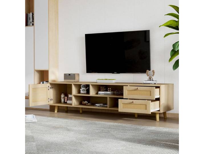 URBAN MEUBLE Meuble TV bois clair avec portes en rotin 160 cm