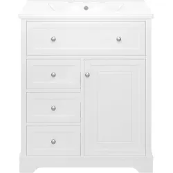 WASCHTISCH mit Unterschrank Weiß 76cm Standschrank mit Keramikbecken & 4 Schubladen