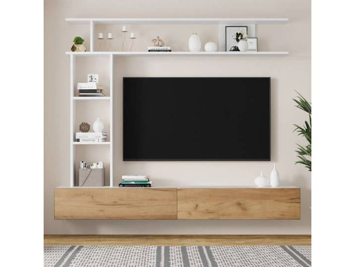 Ensemble Meuble TV 180cm Meuble Paroi Murale avec Vitrine et Étagères Meuble de Salon Suspendu ou Posé Blanc et Bois