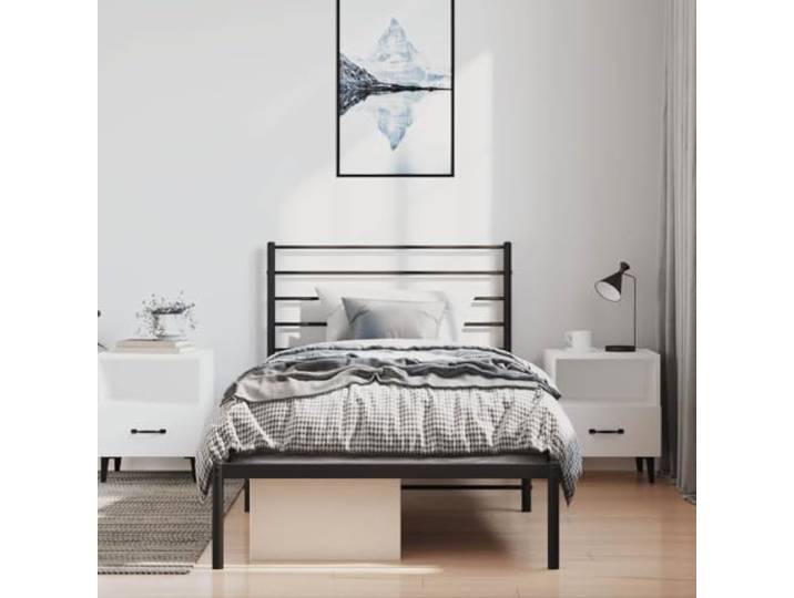 KTHLBRH Bettgestell mit Kopfteil, Metall, schwarz, 100 x 200 cm Bettgestell aus Stahl, Lattenrost inklusive, Stauraum unter Stauraum, Rückenunterstützung