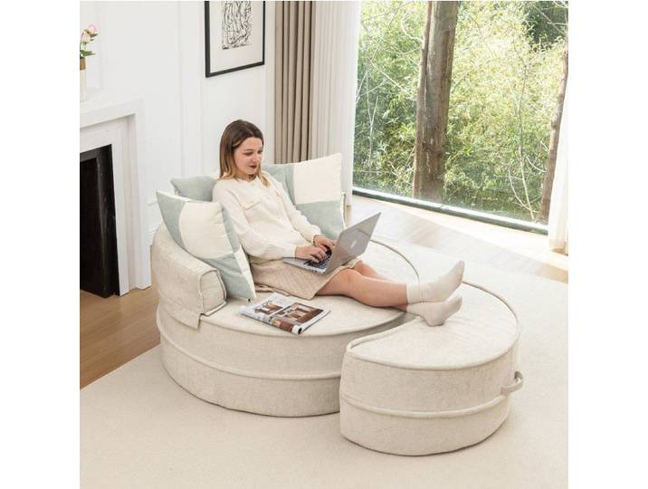 WUVRIE Fauteuil rond 1 place avec ottomane chenille beige 5 coussins sans montage pour salon ou chambre