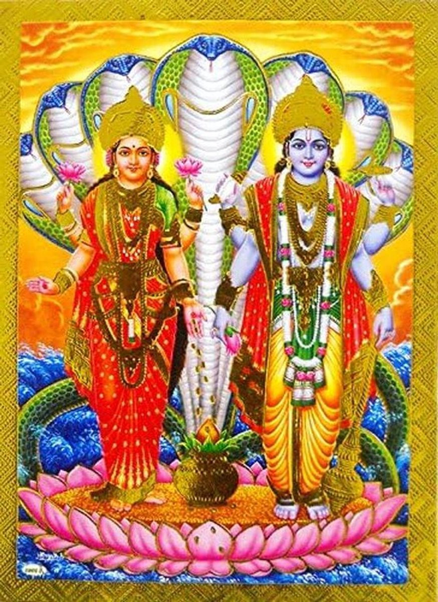 Lord Vishnu Lakshmi Poster - Hindoe God Afbeelding met Gouden Folie Detail - 12,7 x 17,8 cm