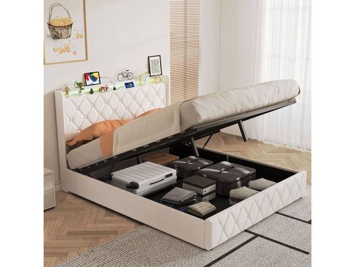 Lit coffre - URBANLUXE - Lit coffre 160x200 cm - Velours beige - Sommier à lattes - LED intégrée