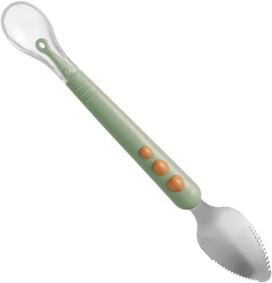 Groene siliconen puree-schraper met dubbele handgreep en afvoerklep voor fruitpuree