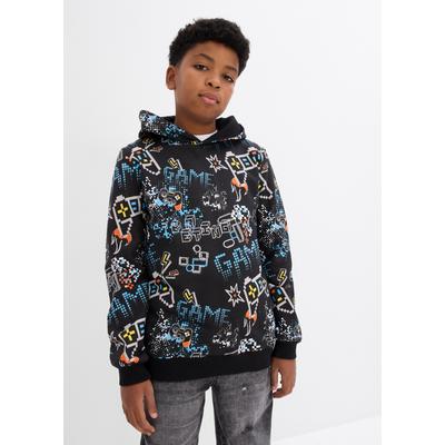 Hoodie BONPRIX, Jungen, Gr. 152/158, schwarz (schwarz graphisch), Sweatware, Obermaterial: 100% Baumwolle. Kapuzenfutter: 100% Baumwolle, bedruckt, lässig geschnitten hüftbedeckend, Rundhals, Bündchen, Sweatshirts Hoodie, lässige Passform,...
