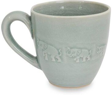 Novica Handmade Blue Elephant Walk Celadon Ceramic Mug (Thailand)