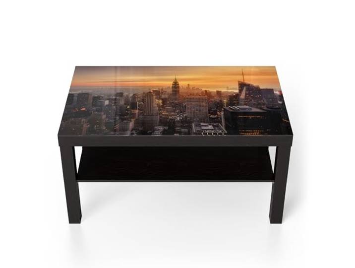 DEQORI Glastisch schwarz groß 90x50 cm Motiv Goldene Stadtsilhouette ausgefallener Beistelltisch aus Glas Hochglanz Couchtisch fürs Wohnzimmer moderner Couch Tisch mit Design