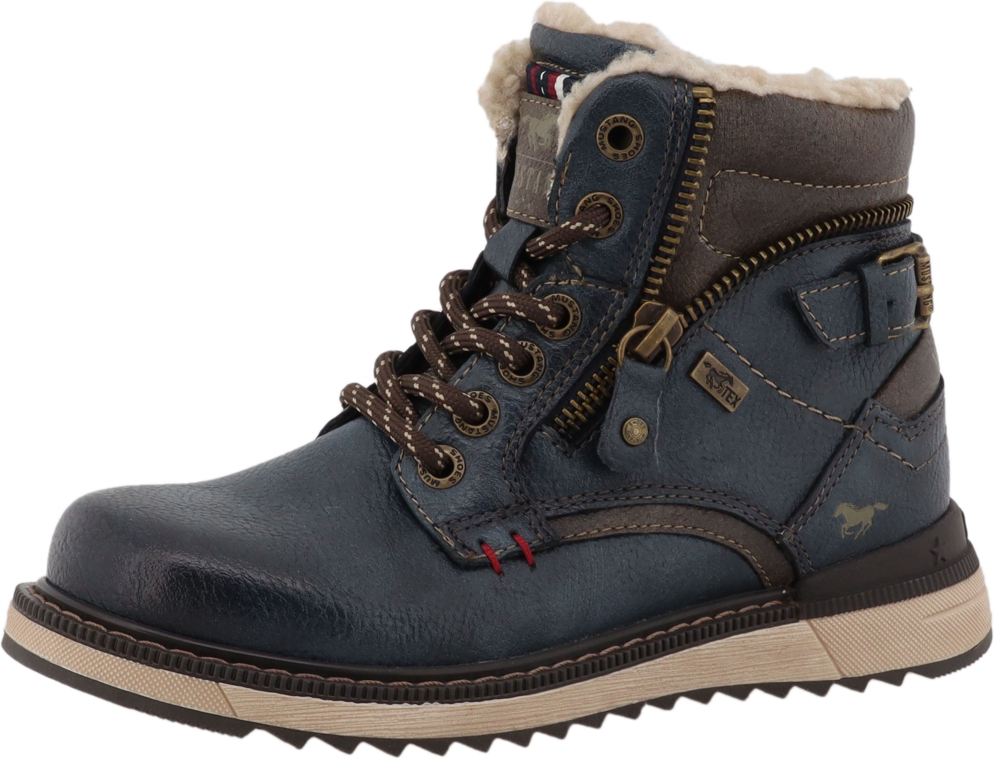 Winterboots MUSTANG SHOES "Donato", Jungen, Gr. 36, Warmfutter, blau (navy), Lederimitat, Textil, unifarben mit Farbeinsatz, Schuhe Winterboots, Schnürboots, Outdoorboots mit TEX-Membrane