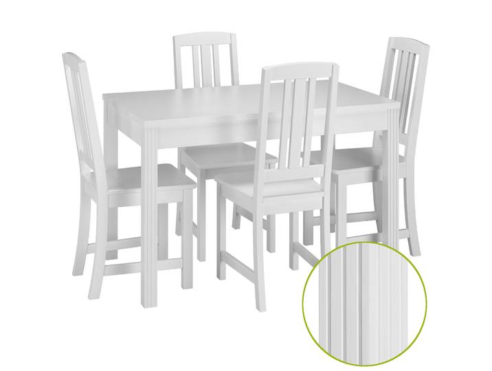 Weiße Echtholz-Essgruppe mit Tisch 75 x 120 und 4 Stühlen Kiefer