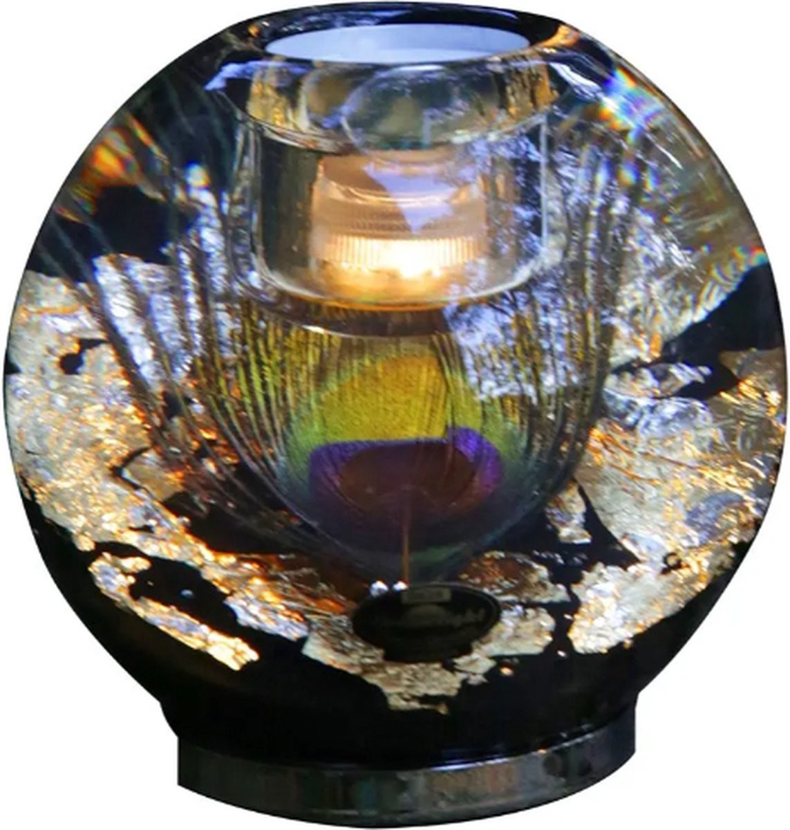 Theelichthouder met LED-verlichting pauwenveer en gouden details