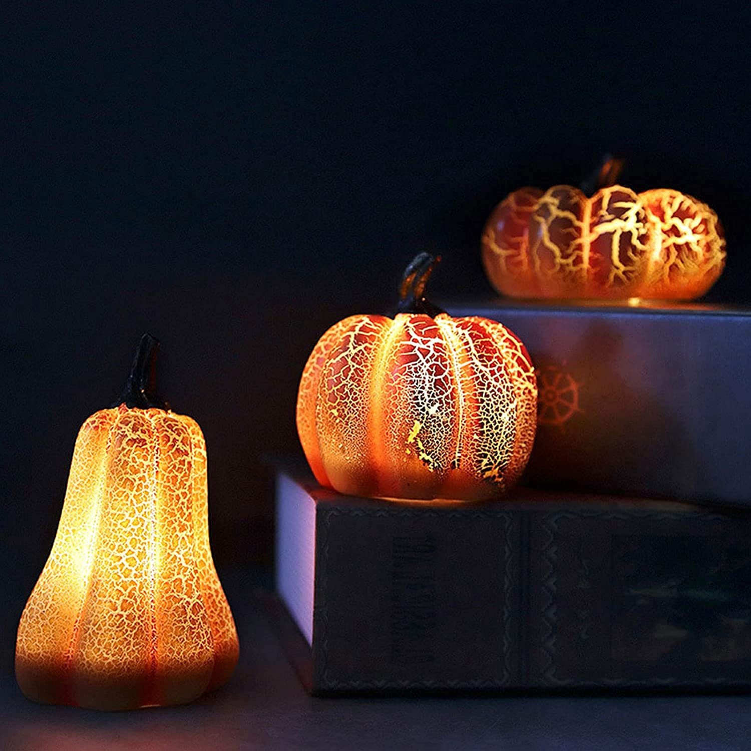 Set van 3 LED pompoenverlichting voor sfeervolle Halloween en herfstdecoratie