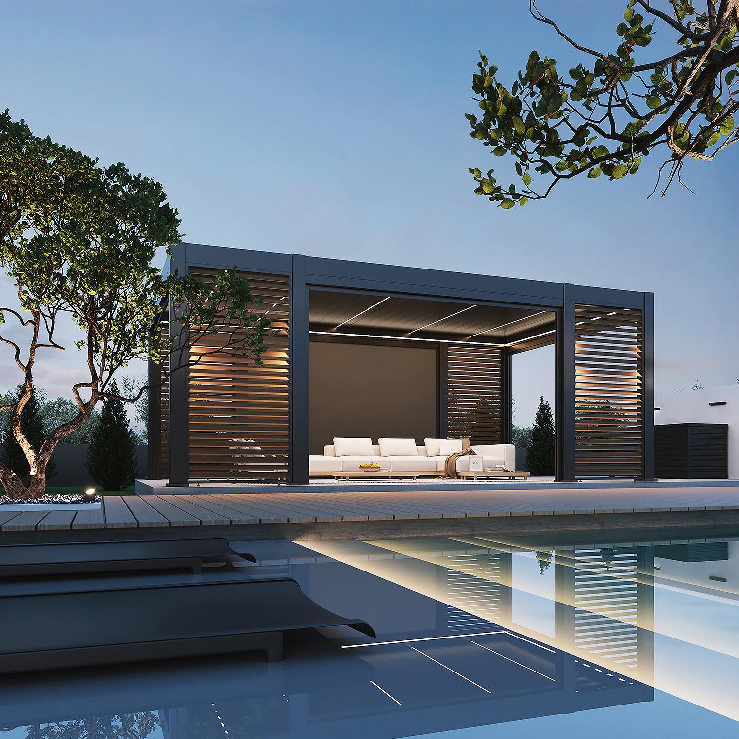 Weide Prestige Pergola Aluminium 3,6x6,57m mit Lamellendach, LED, 4x Lamellenwand & 4x Sonnenrollos anthrazit