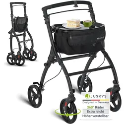 Juskys Aluminium Wohnungsrollator Aktiv - Tasche & Tablett - Rollator schmal & faltbar - Schwarz