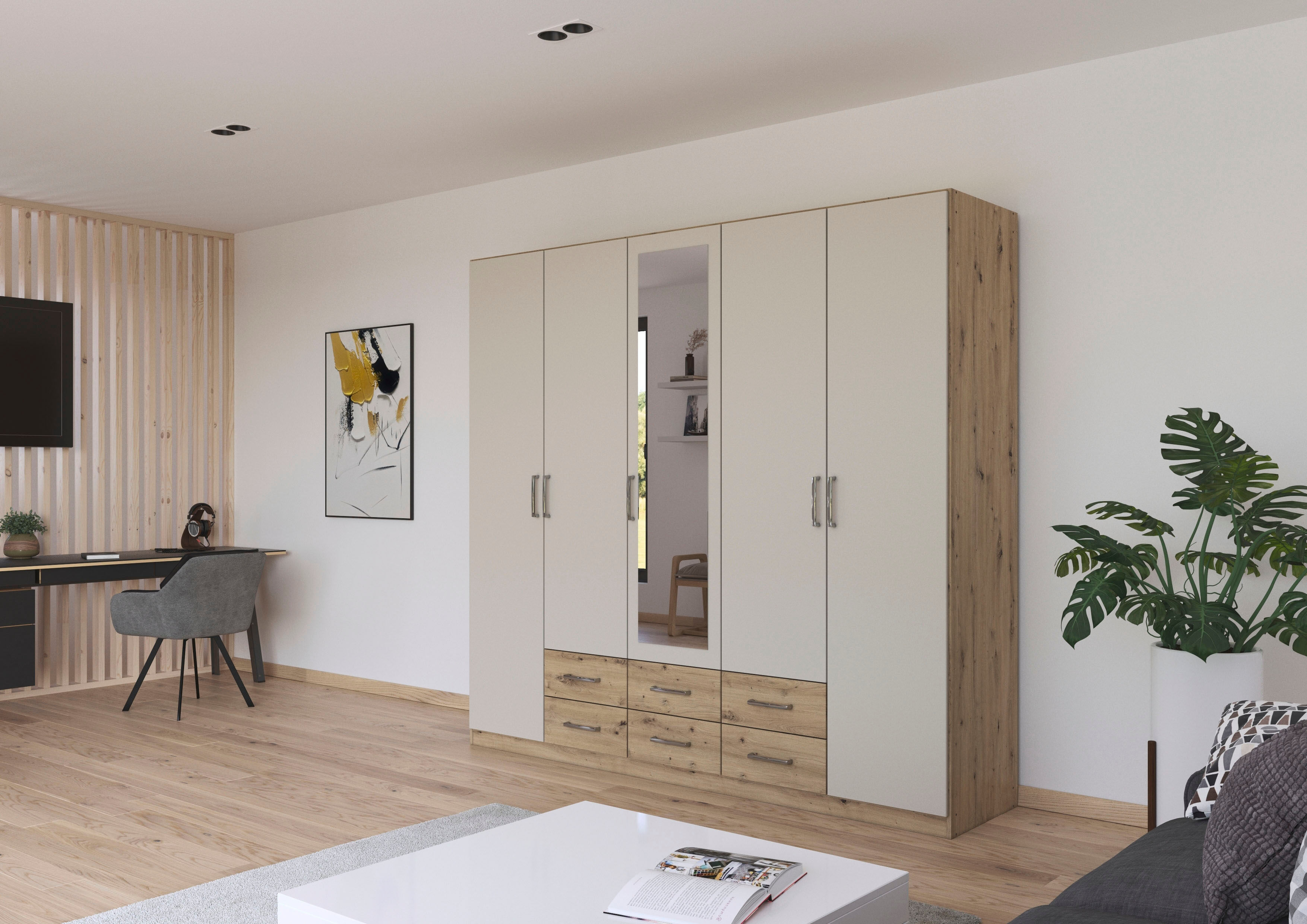 Kleiderschrank RAUCH "Schrank Garderobe Mehrzweckschrank Schlafzimmer Ankleide Möbel GAMMA", eiche artisan, kaschmir (champagner), griffe chrom, B:226cm H:210cm T:54cm, Holzwerkstoff, Schränke, Kleiderschrank, Eiche Artisan/Kaschmir, 226 cm breit, 6 Schub
