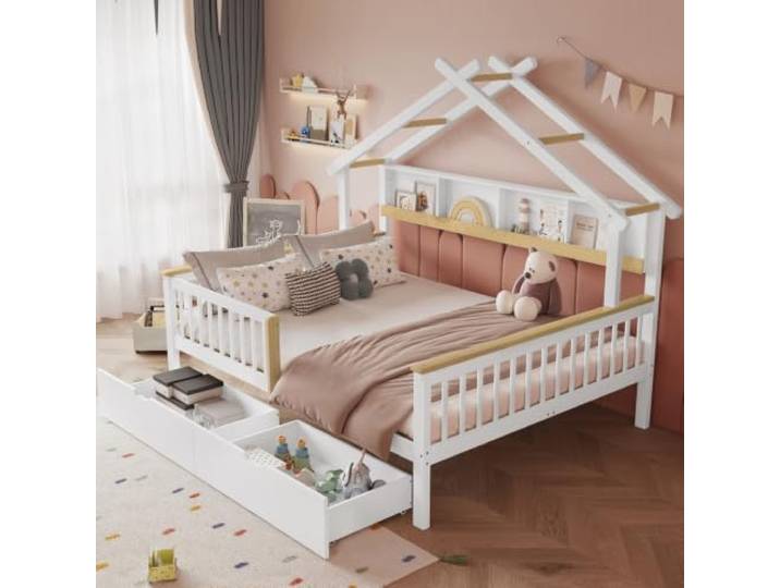 I0I&I0I Kinderbett Kiefer MDF Mit Dachdesign, Fallschutz, Lagerregal, Schubladen auf Rollen