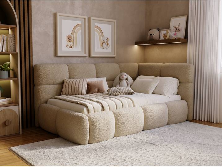 Gepolstertes Jugend-Einzelbett mit Bettkasten und Lattenrost 90x200 Modo One Links Dunkelbeige