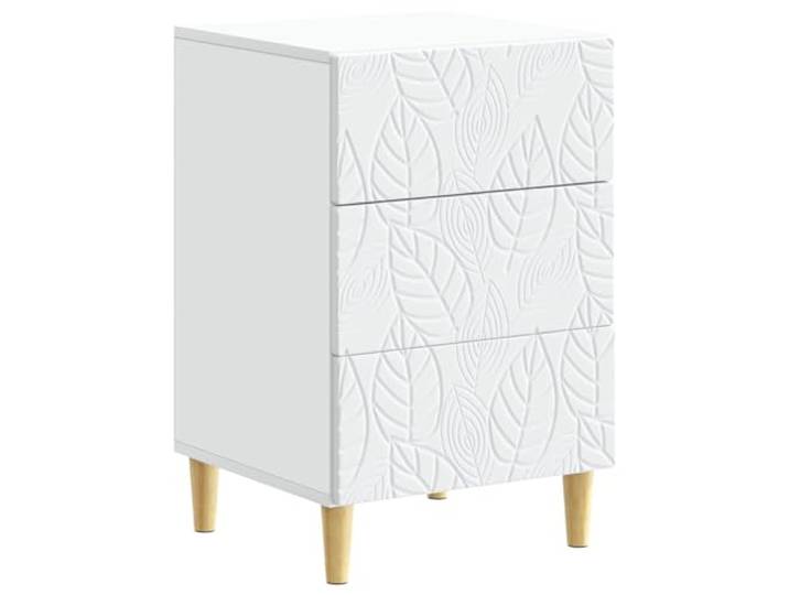 KGFHERENB Nachttisch Weiß 43x39,5x66,5 cm Holzwerkstoff mit 3 Schubladen Drei geräumige Schubladen mit Soft-Close bieten viel Stauraum im Schlafzimmer, stabil gestützt durch Eukalyptusbeine.