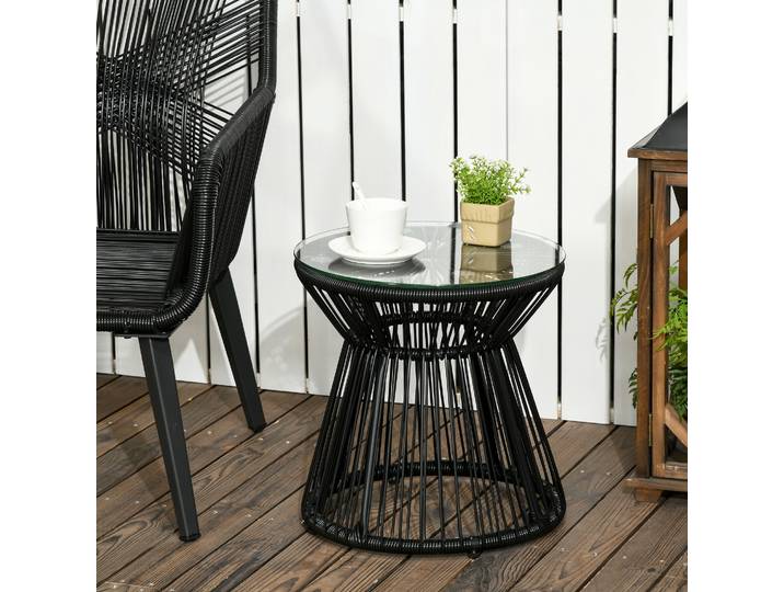 Outsunny Table Ronde Rotin Métal Verre Ø40x42cm Noir