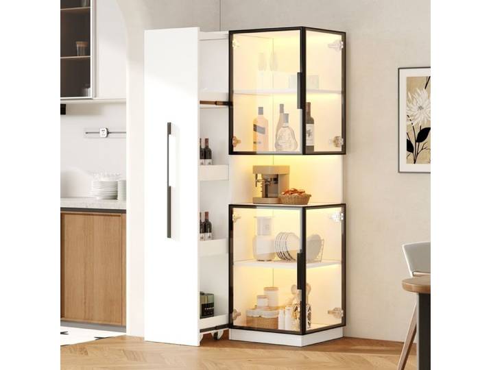 Vitrine avec étagère Coulissante 70x38x160 cm Armoire multifonction avec porte en verre et LED Vitrine de Collection Blanc