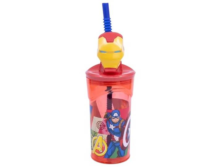 STOR Kinderbeker met Rietje en Deksel Avengers, 3D Figuur, 360 ml, Herbruikbaar Plastic, BPA-vrij, Ideaal voor Jongens en Meisjes