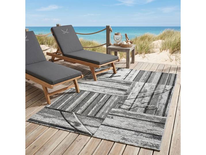 Teppich SANSIBAR Rantum Beach SA-023 , grau, B:80cm H:5mm L:165cm, Polypropylen, Teppiche, Teppich, Flachgewebe, modernes Design, Motiv Holzdielen, In- & Outdoor geeignet