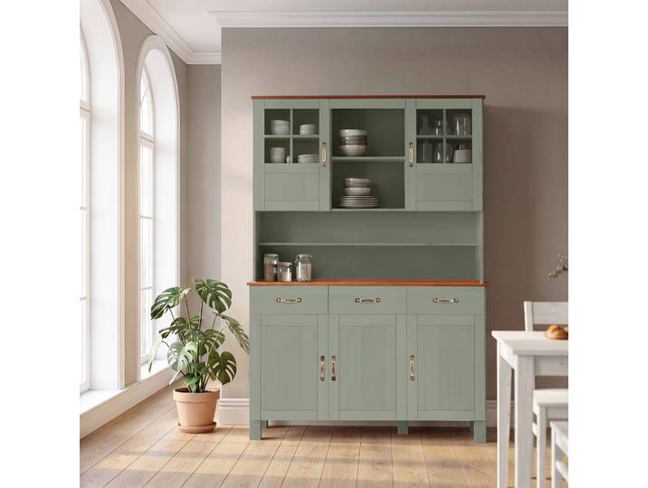 Küchenbuffet HOME AFFAIRE Alby , salbeifarben, honigfarben, B:125cm H:185cm T:38cm, Massivholz, Schränke, Küchenbuffet, Breite 125 cm, 2 Glastüren, 2 Schubladen