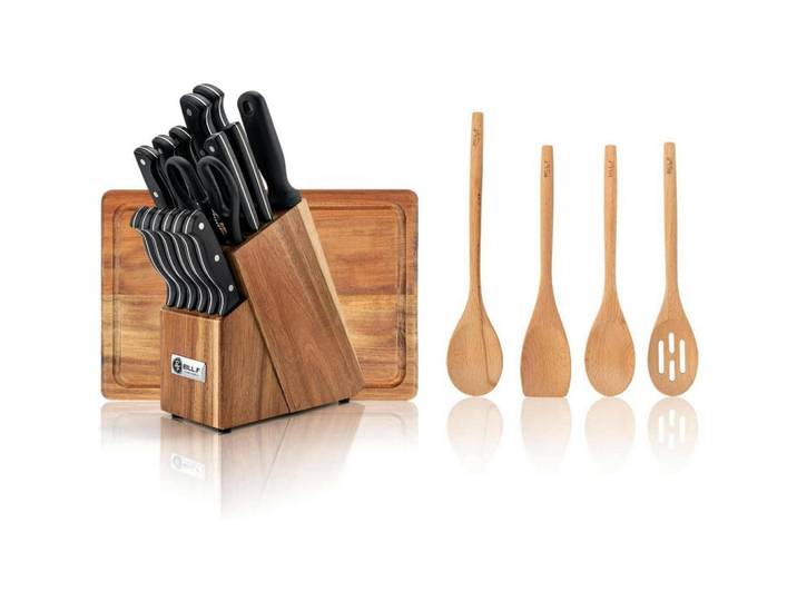 Messerblockset 16-teilig mit Kochutensilien und Schneidebrett, Braun, Holz, 23.8x10x35.8 cm, Küchenzubehör, Küchenhelfer, Besteckeinsätze