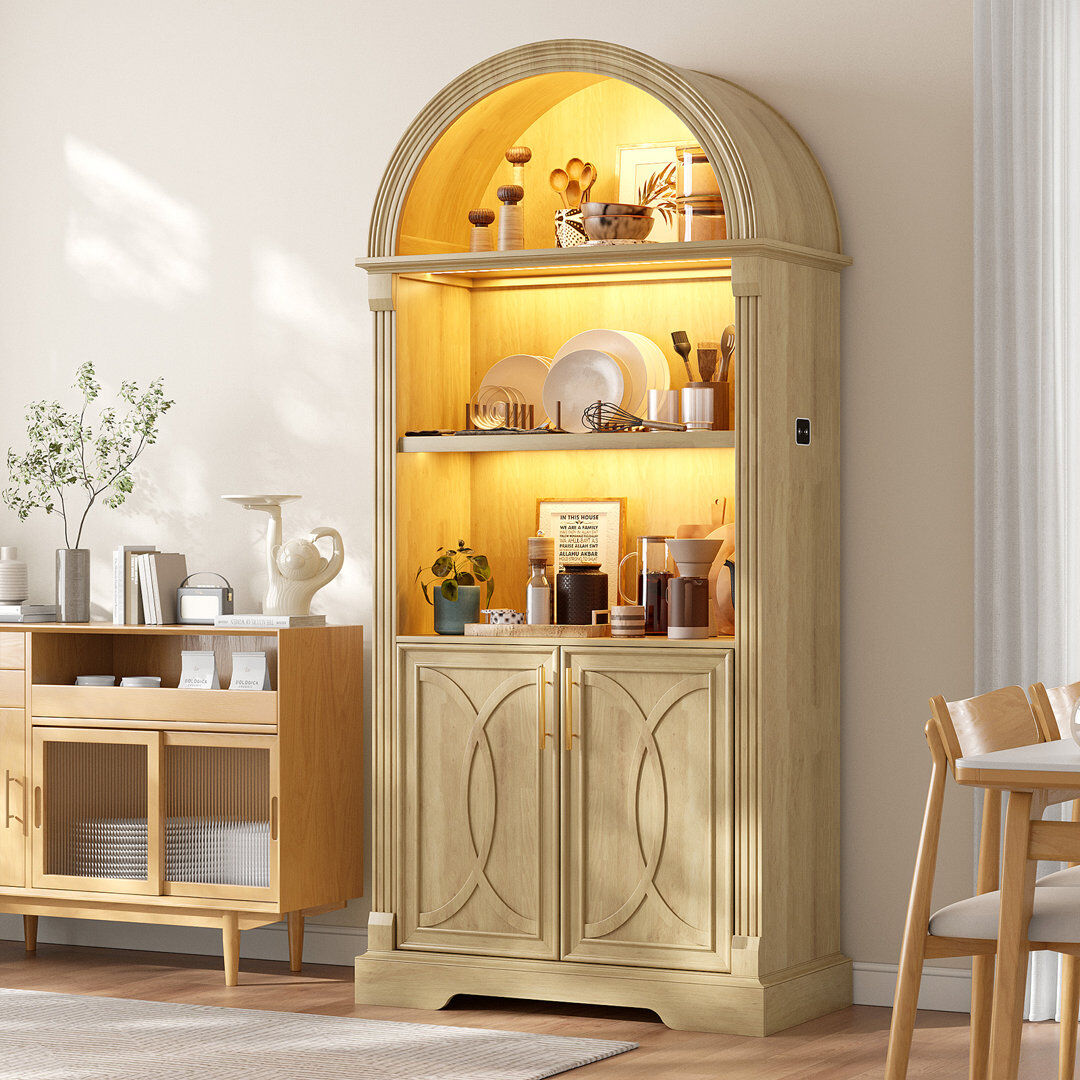 Blue Elephant French Vintage Arched Display Cabinet with LED Lighting, Open Shelving and Cupboard Storage Light Brown 177.8cm H X 79.8cm W X 39.9cm D