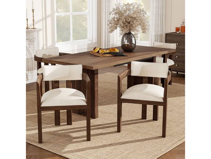 Chaises de salle à manger - ZEVKOR - Style classique moderne - Avec accoudoirs - Noyer & lin beige - Lot de 2