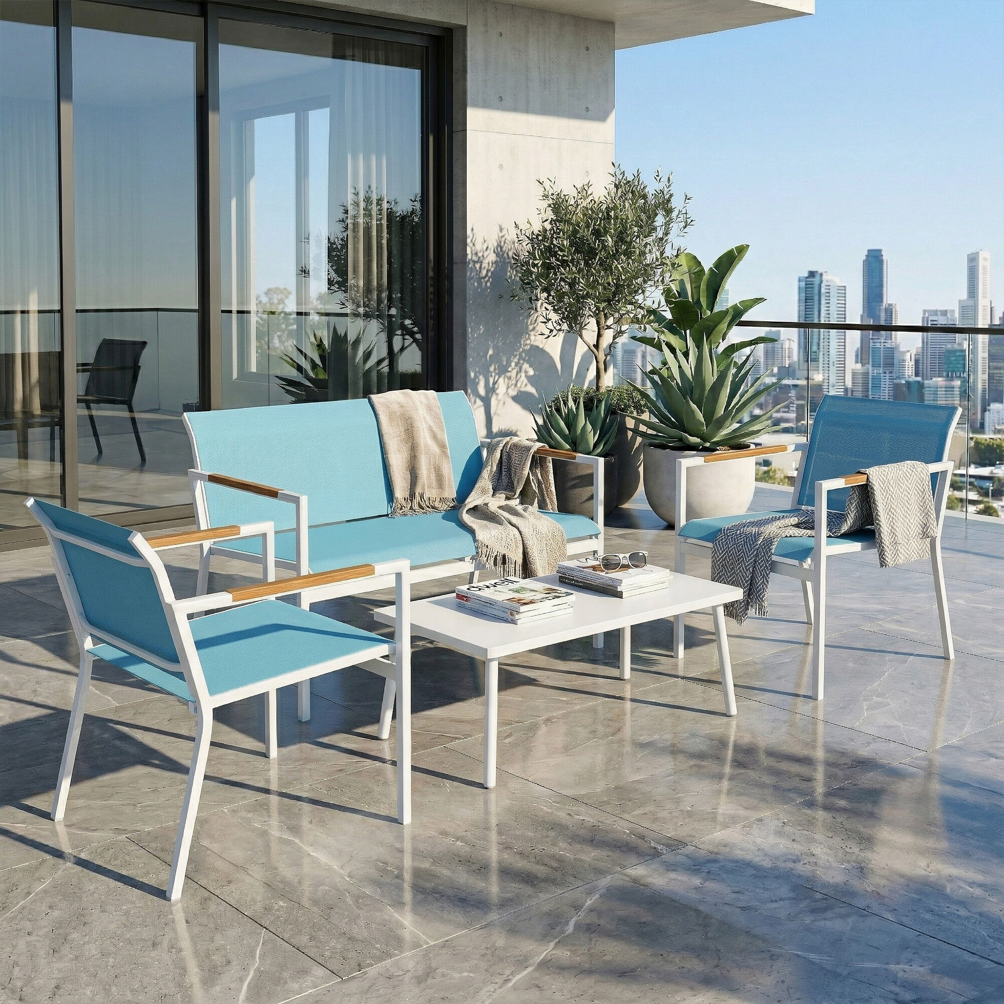 Altro Set Giardino 4 Posti Divano, Poltrone, Tavolo In Metallo, Blu.