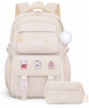 LightInthebox Girls Backpack Set 2PCS Water-Resistant School Backpack with Pencil Bag, Large Capacity Multi-Pocket Polyester Bookbag, Reflective Safety Strips, Pink Purple Off-White, Ideal for Elementary Middle Sch