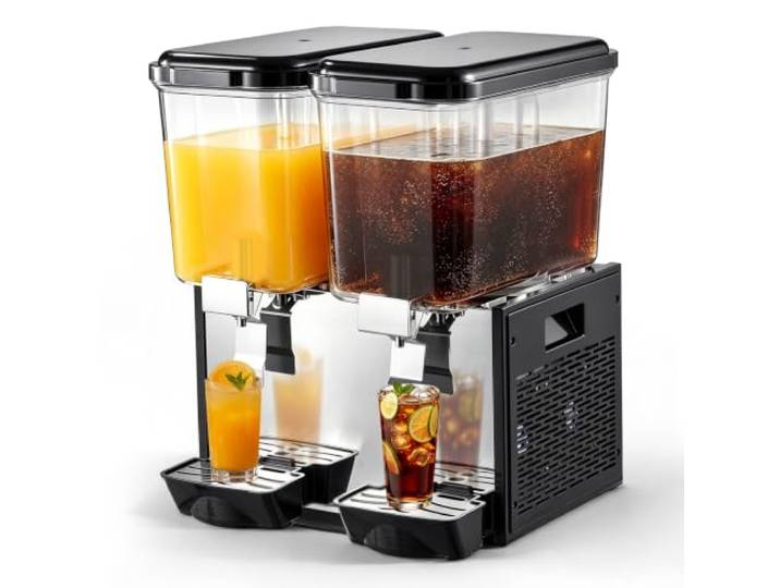 VEVOR Elektrischer Getränkespender 2 x 18 L 7-12 °C Saftspender PC-Behälter Ideal für Restaurants, Hotels, Bars und Kioske, mit Rührstab für Gleichmäßige Durchmischung, Druckschalter und Auffangschale