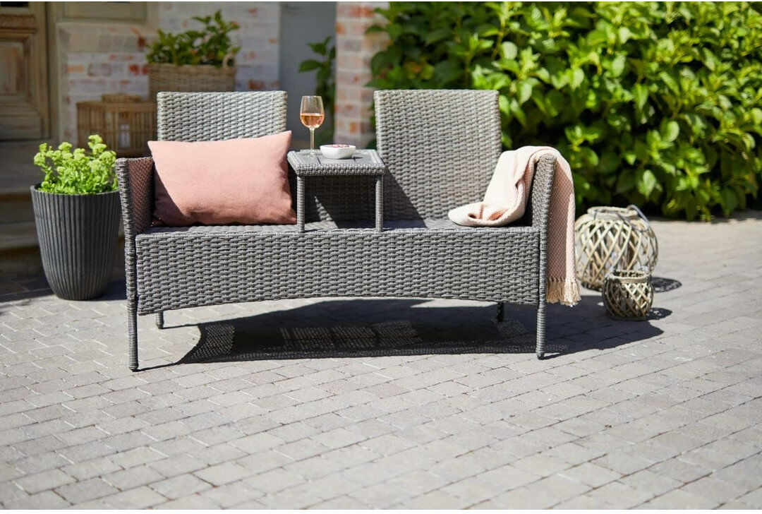 Lark Manor Pizarro 337.82 cm W Outdoor Tete-a-Tete Bench Grey 213.36cm H X 337.82cm W X 165.1cm D