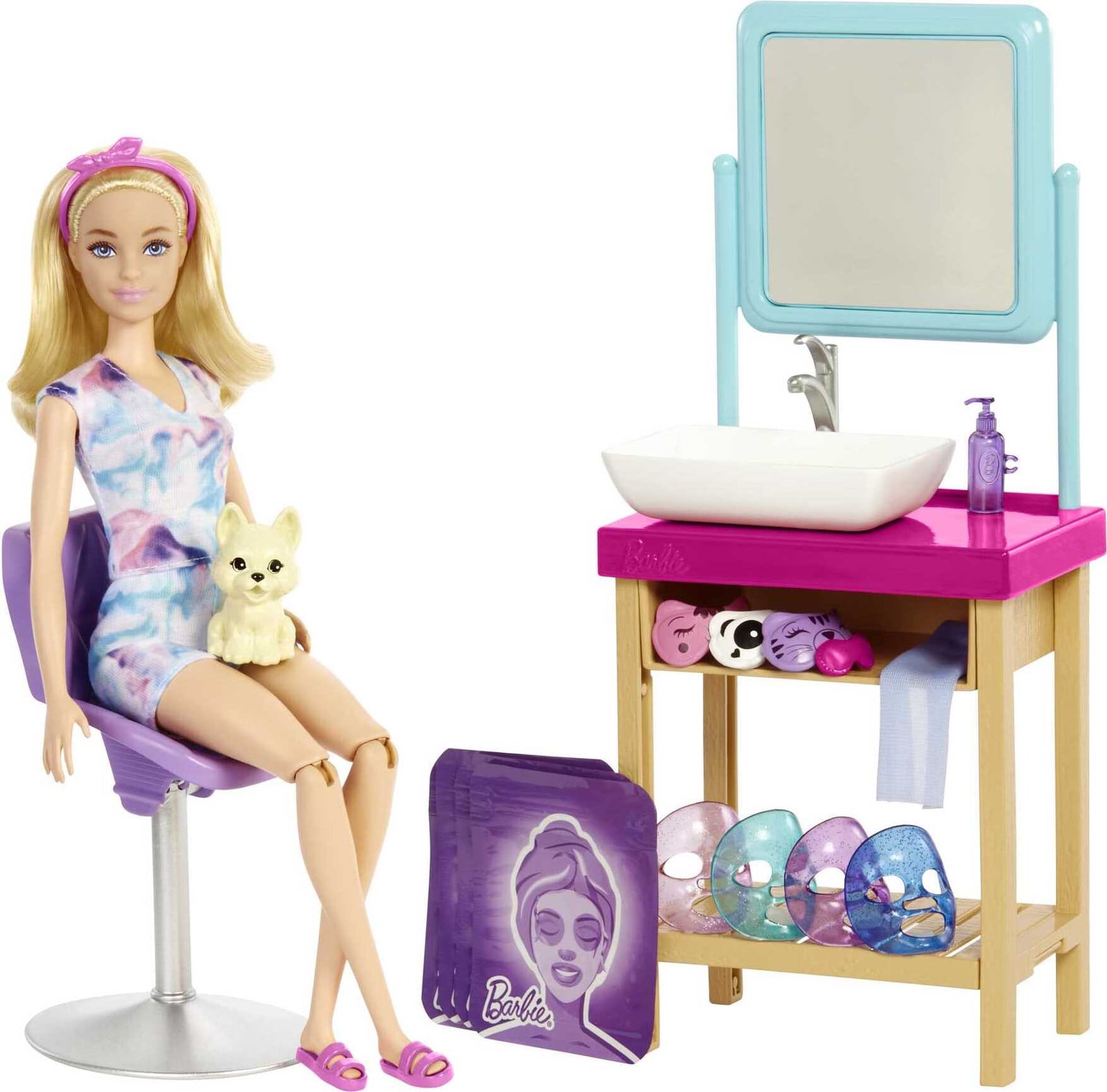Barbie Glitter-gezichtsmasker wellnessdag speelset met blonde Barbie pop en meer dan 15 accessoires