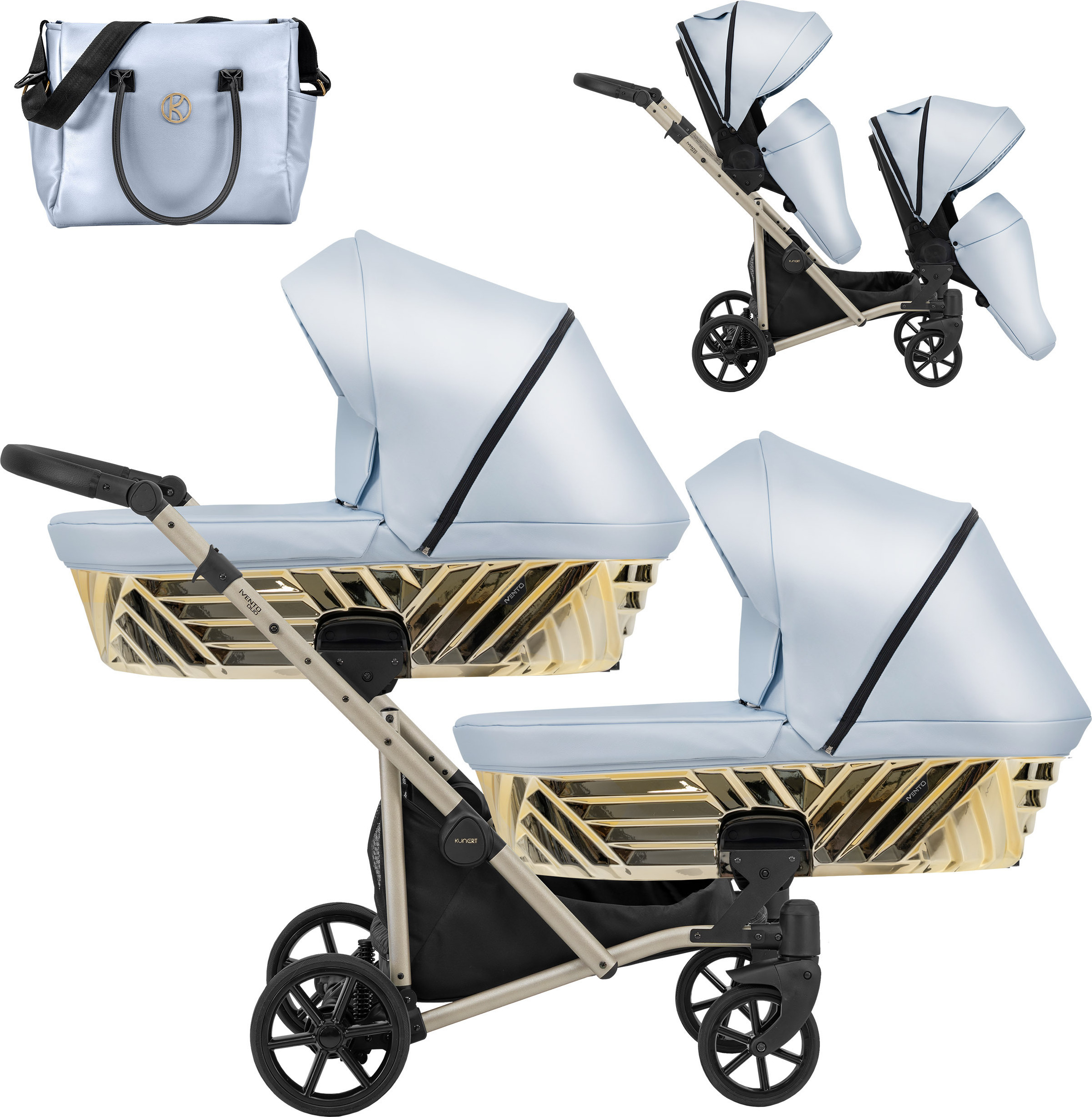 Kinderwagen IVENTO DUO GLAM 2 in 1 Zwillingskinderwagen Geschwisterwagen Zwillingsbuggy Doppelkinderwagen (Eco Baby Blue Metalic, Rahmen: champagne)