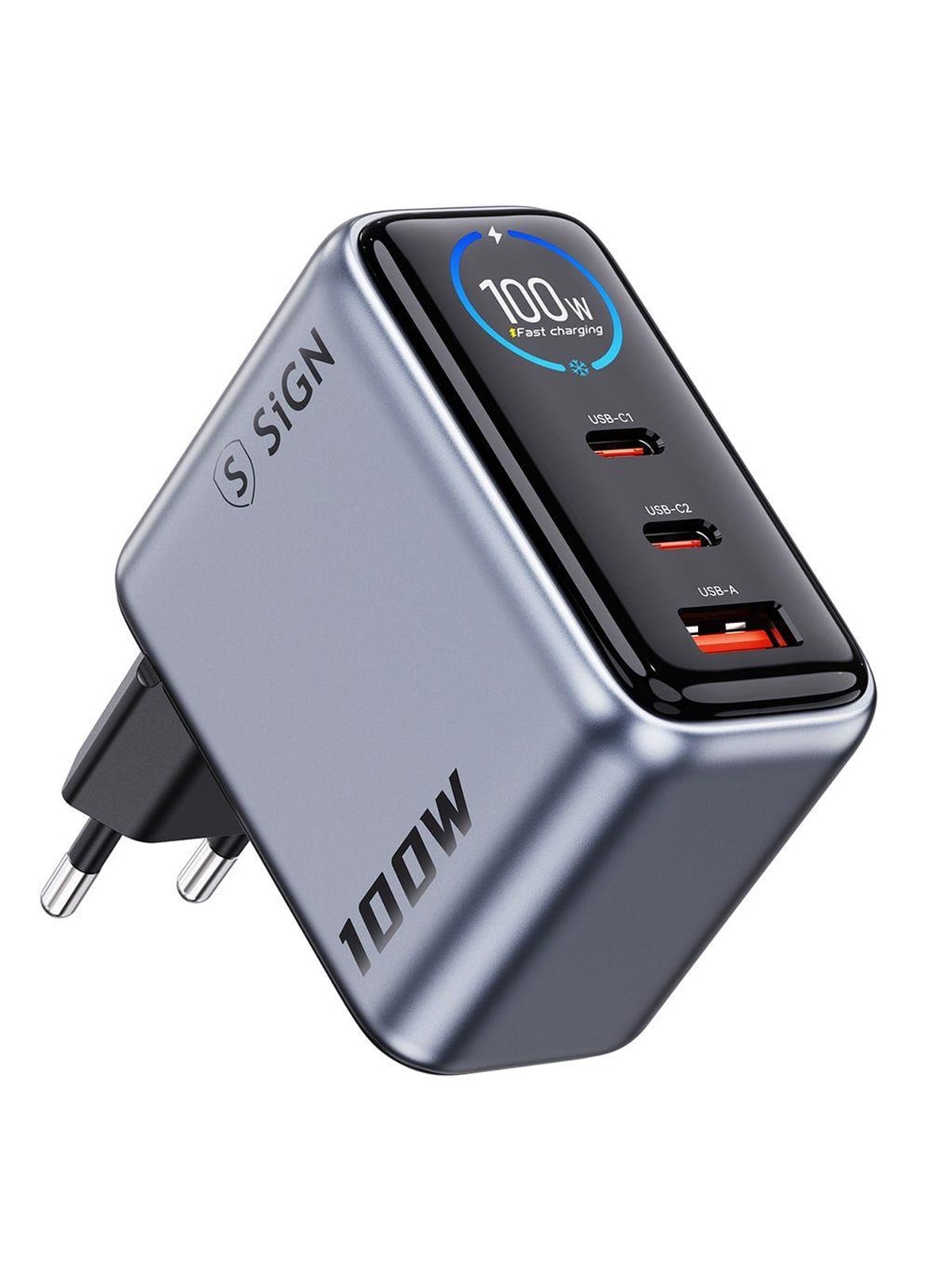 SiGN 100W Fast Charger with Display - 2x USB-C / 1x USB-A - Gray
