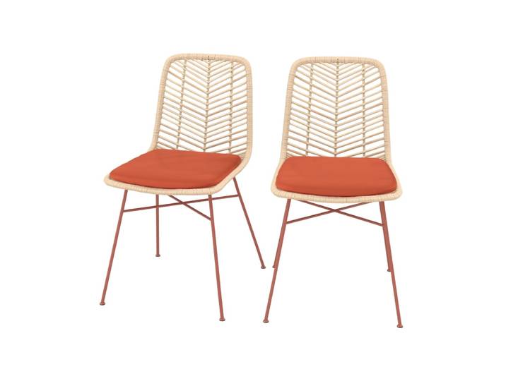 Lot de 2 chaises en rotin et tissu orange vermillon