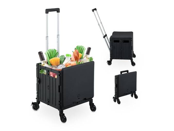 Relaxdays Chariot de Courses avec Couvercle\, Caisse Pliable à roulettes\, poignée inclinable\, 35 kg\, Noir