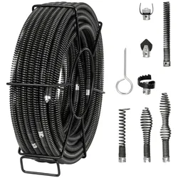 VEVOR Rohrreinigungsspirale 30 m x 16 mm, professionelles Rohrreinigungskabel mit 7 Schneidern für 20-100 mm Rohre, Hohlkern-Kanalisationsspirale für Spüle, Bodenablauf, Toilette