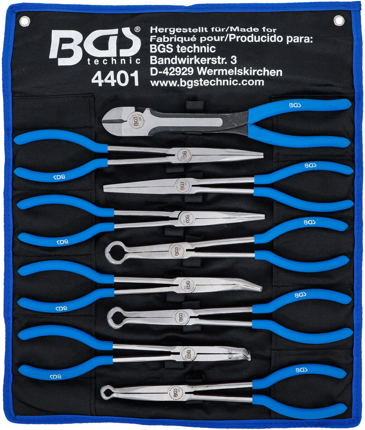 BGS Langbeck- / Flach- und Zündkerzen-Stecker-Zangen-Satz, extra lang, 9-tlg. ; BGS technic (4401)