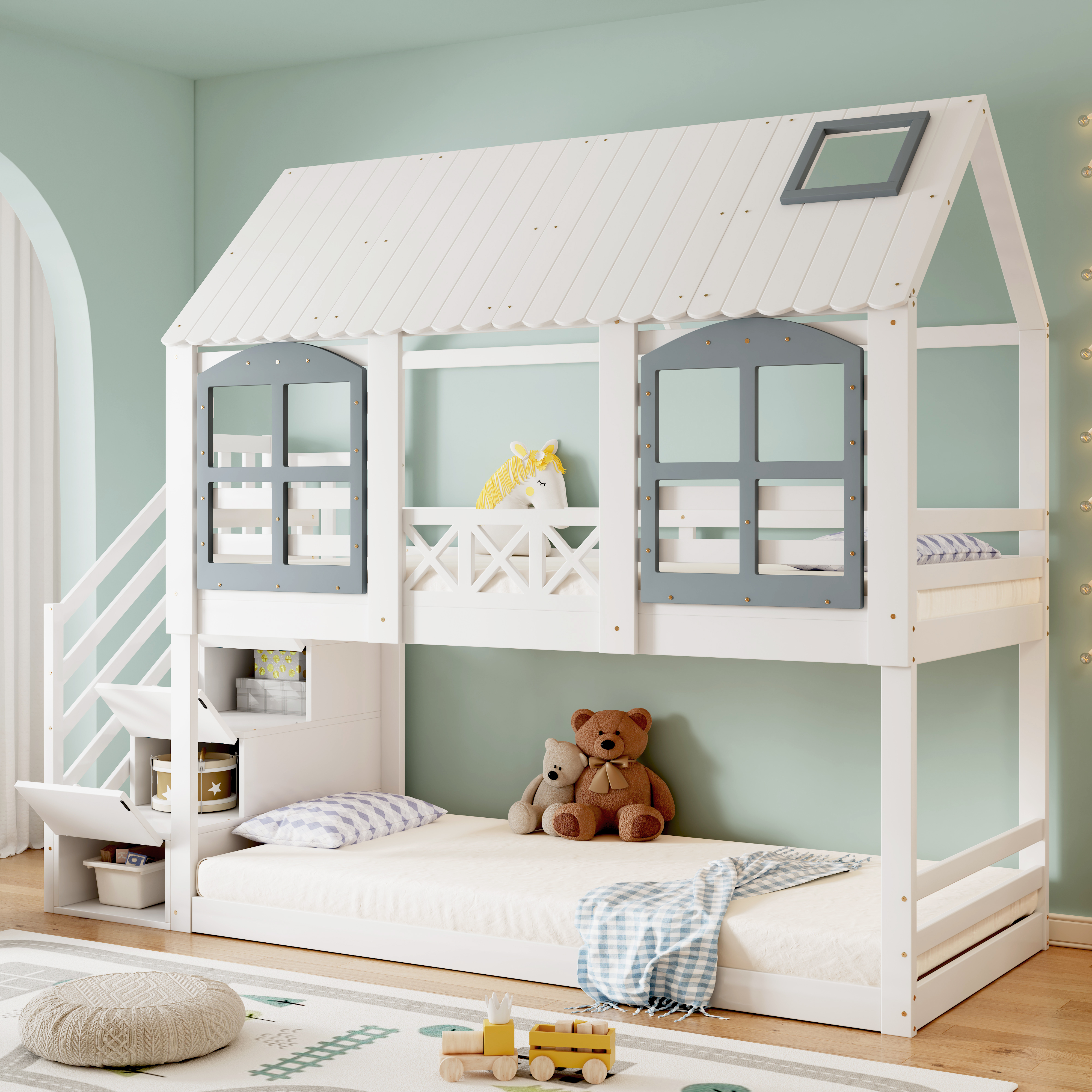 Abrihome Etagenbett 90x200cm mit Stauraumtreppe, Kinderbett mit Dach und Fenster, Hochbett mit Rausfallschutz und Lattenrost, Weiß