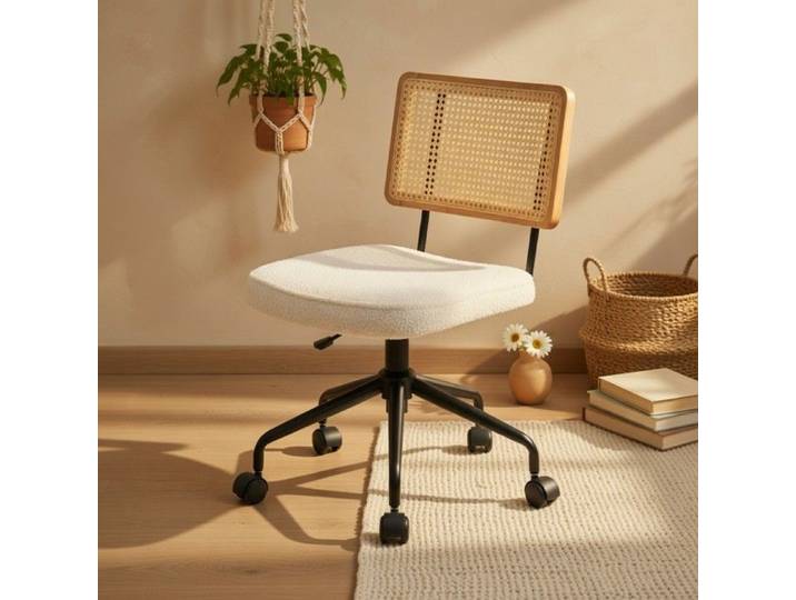 CollaHausse Chaise Bureau Vintage Rotin Roulettes Chenille Bois Ivoire
