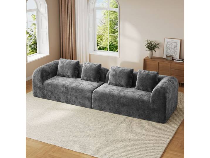Grand Canapé Modulaire 4 Places en Chenille avec 4 Oreillers Canapé Panoramique Compressé Gris 280×97×66cm