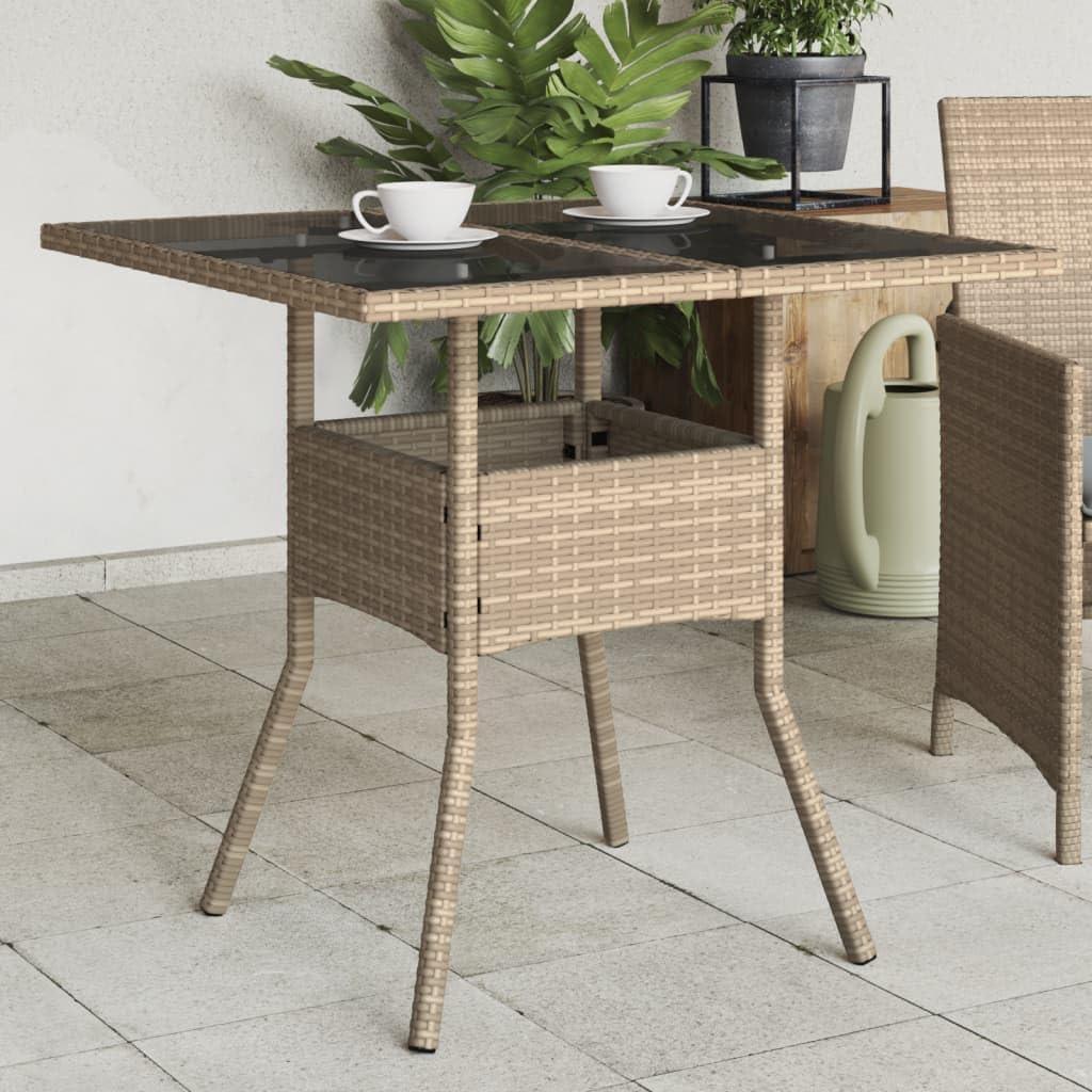 Gartentisch aus Polyrattan mit Glasplatte in Beige 80x80x75 cm