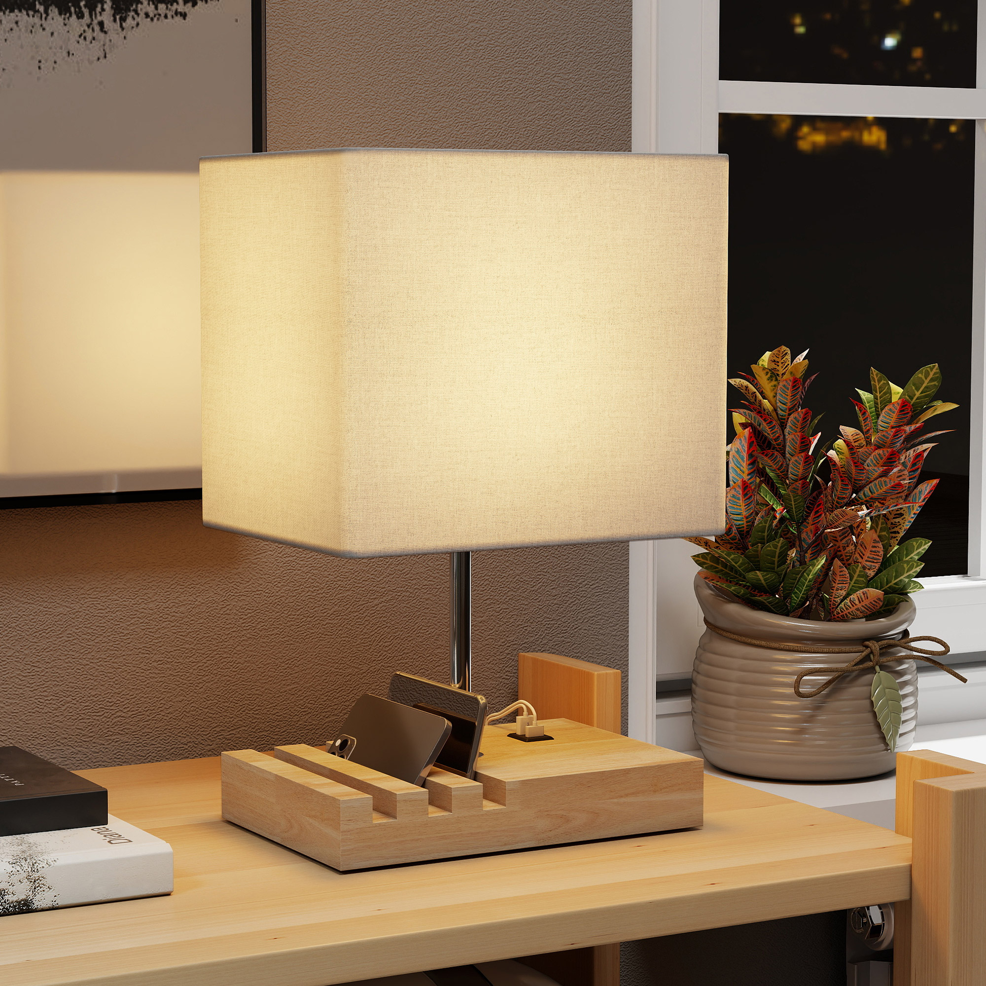 Homcom Lampada da Tavolo con Porte USB-A/C Tre Fessure per Telefoni Base in Legno e Paralume in Tessuto Bianco   Aosom Italy