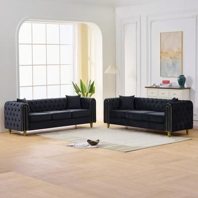 GDFStudio Valemont Velvet Chesterfield 3+3 Seater Sofa Set with Button Tufted Rolled Arms and Gold Legs